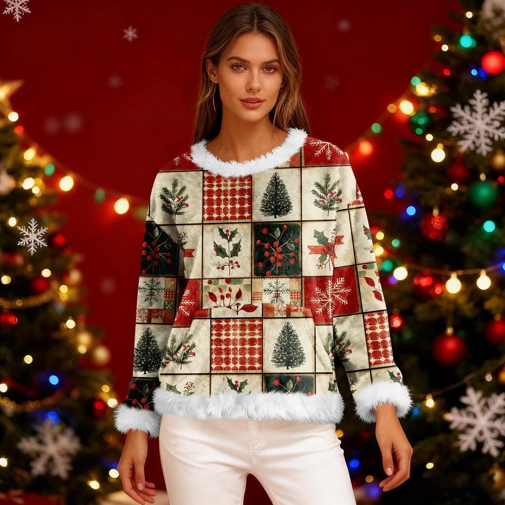 Women's Casual Fleece Sweatshirt  Long-Sleeve Round  Neck Casual Comfortable Loose-Fit Lightweight Women's Flannel Sweatshirt