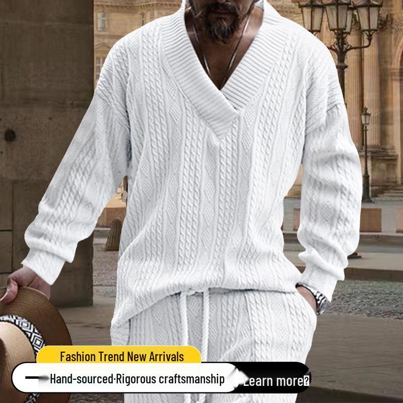 2025 Men's Casual Autumn V-neck Jacquard Knit Sweater - Loose Long Sleeve Pullover