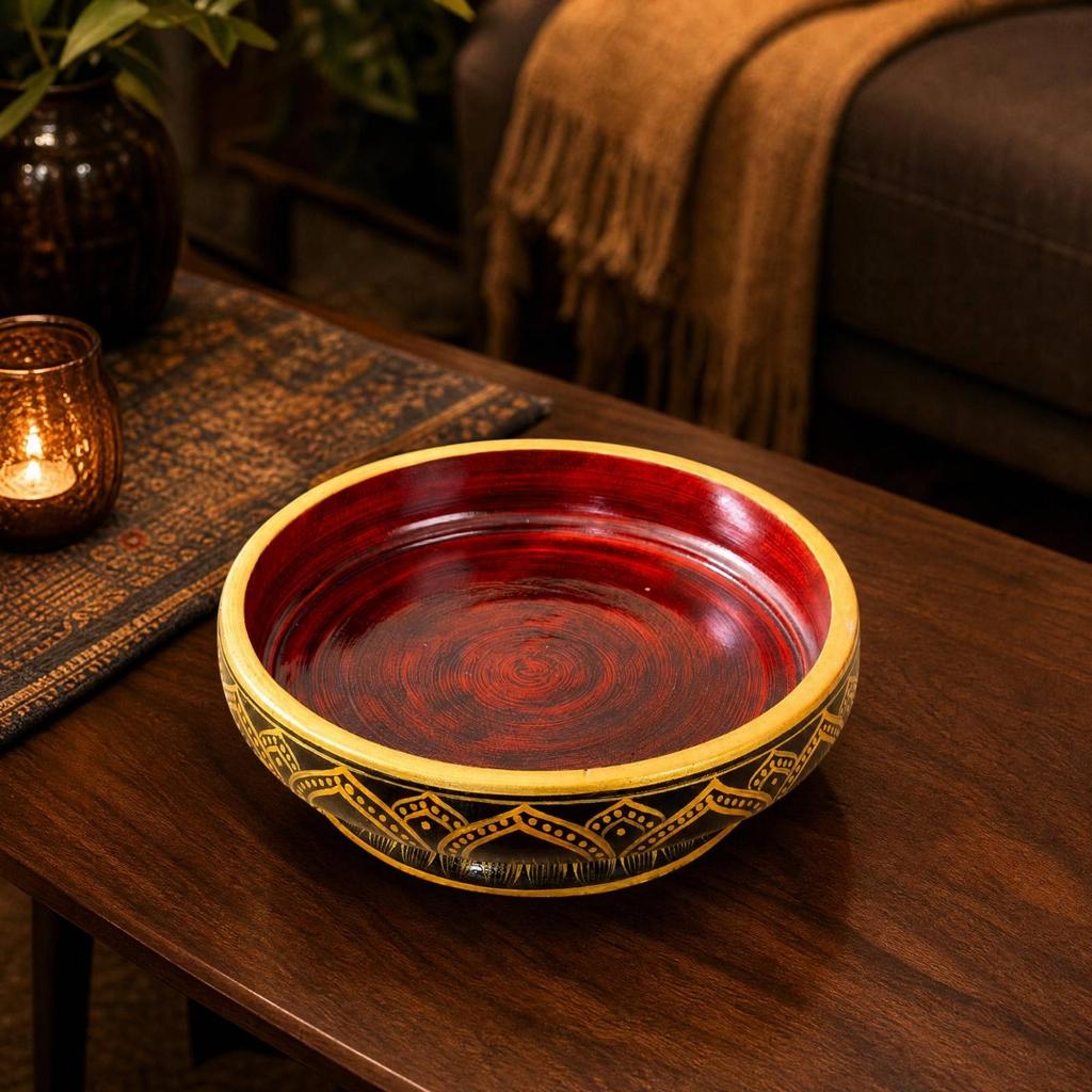 Round Solid-Wood Serving Bowl Deep Footed Wooden Handcrafted for