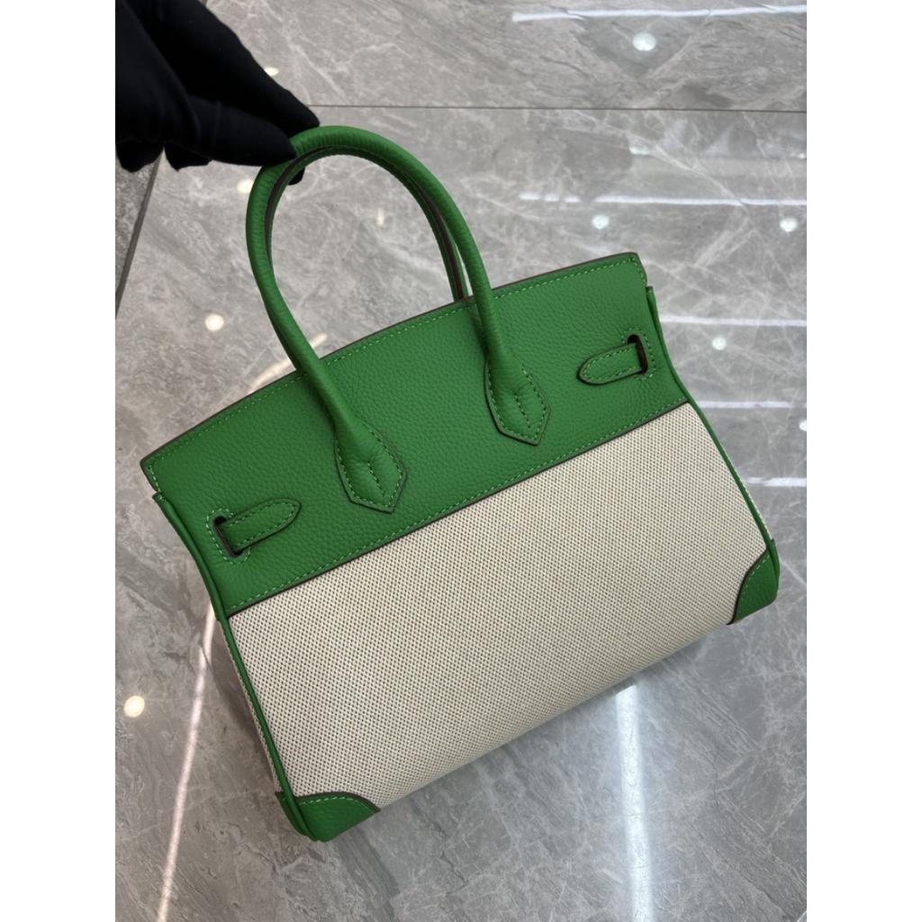 2026 new first-layer lychee pattern cowhide with linen canvas platinum bag genuine leather handbag European and American messenger bag bag