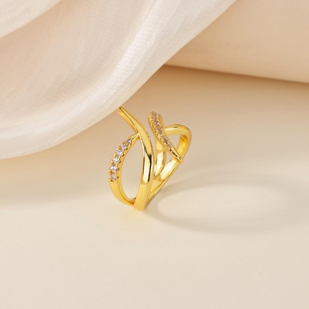 14K Gold Plated Criss Cross Open Ring for Women Geometric Line Zircon Adjustable Stackable Minimalist INS Style Jewelry Gift
