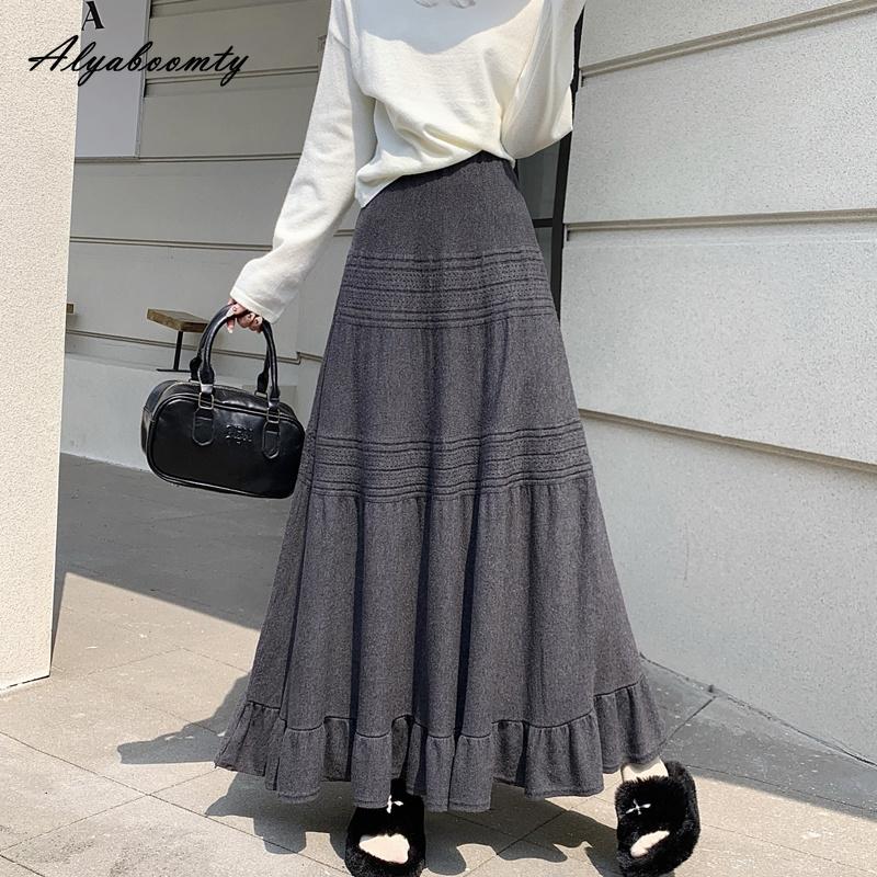Korean Fashion Autumn Winter Women Maxi Long Skirt High Waist Beige Black Gray Knitting Skirt Knitted Ruffles Feminine Warm Skirt
