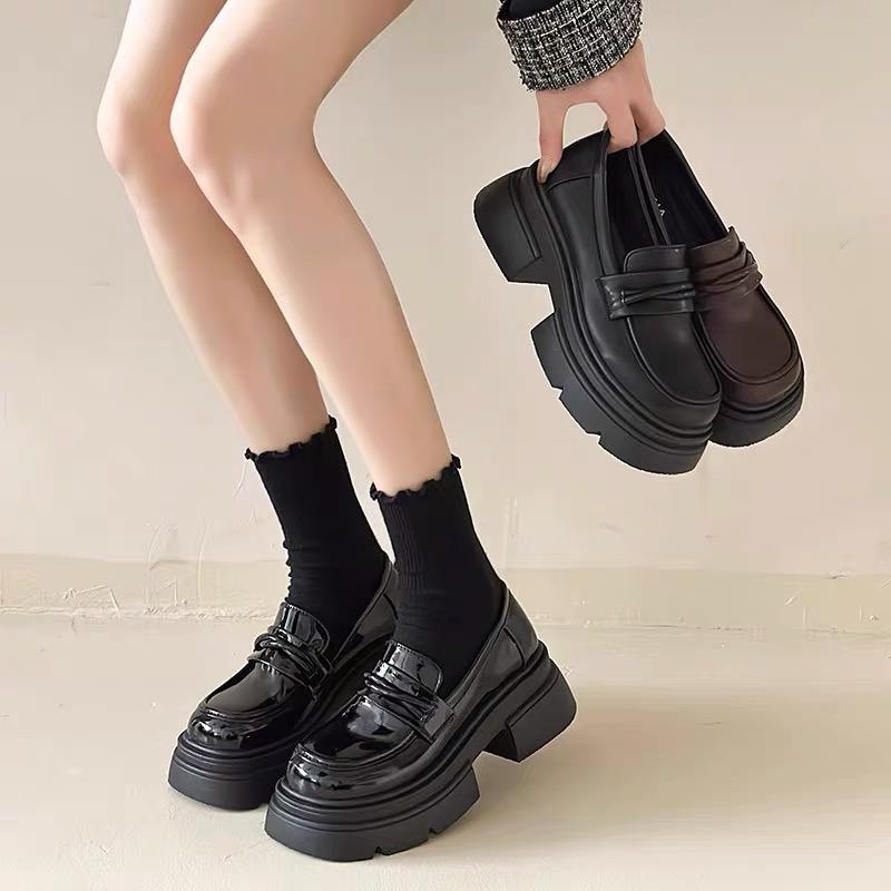 Platform thick heel British style small leather shoes New autumn shoes black