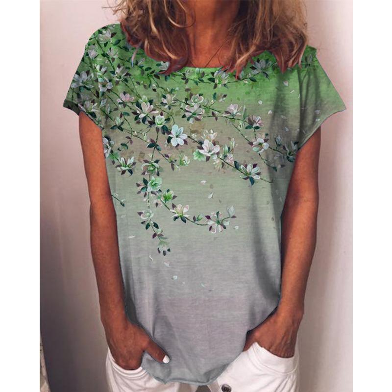 Women's Watercolor Painting 3D Floral Print Round Neck Pullover with Rolled Edges Short Sleeved T-shirt