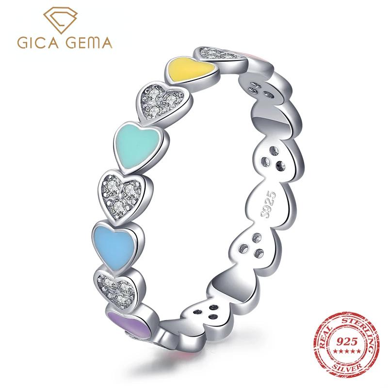 

Gica Gema Аутентичные Стерлингового Серебра 925 пробы Радужные Красочные Сердца Эмаль CZ Кольцо на Палец Для Женщин Свадебные Обручальные Ювелирные Изделия Anel