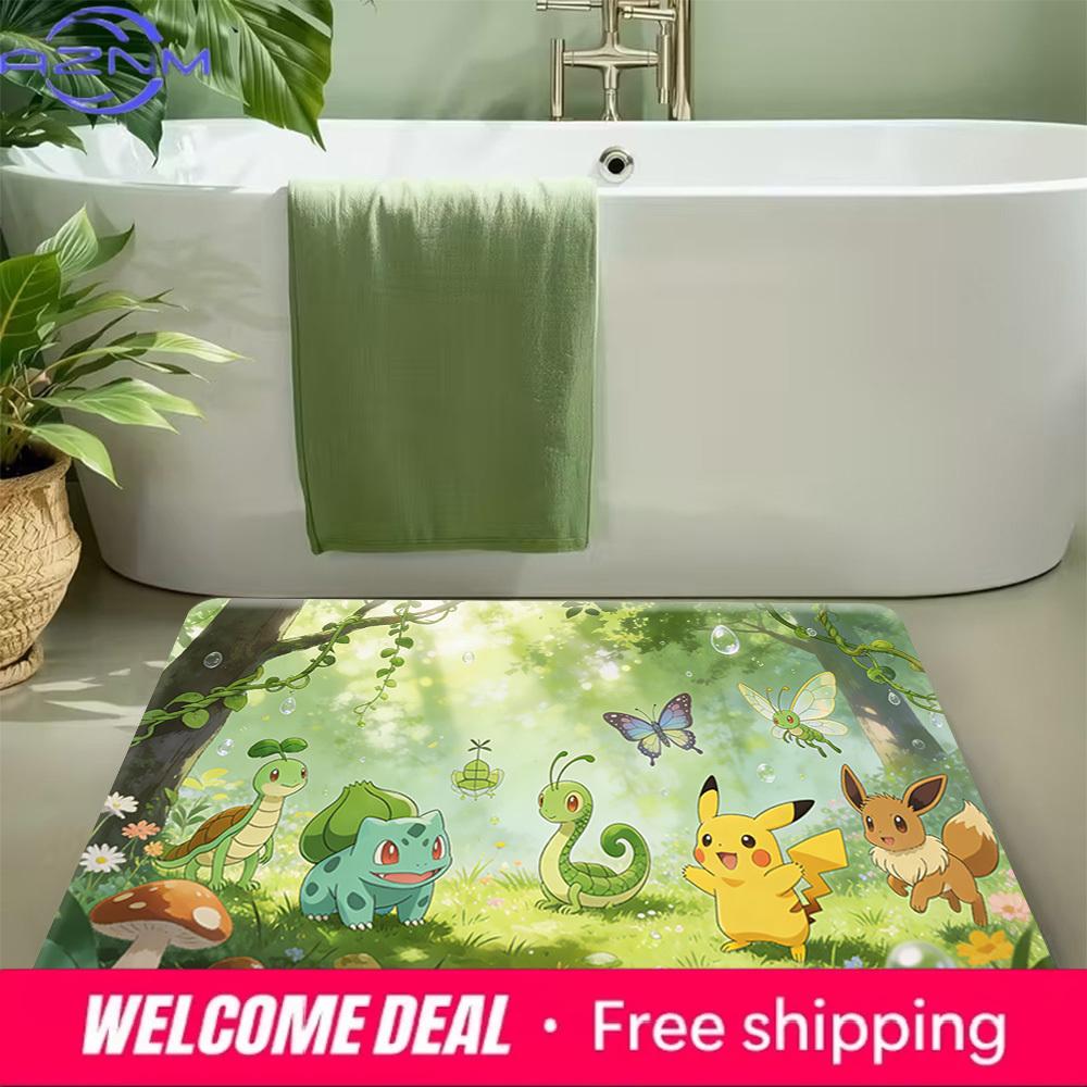 Pokemon Pikachu Bulbasaur Eevee Forest Adventure Print Doormat Non-Slip Absorbent Floor Mat for Indoor Entrance