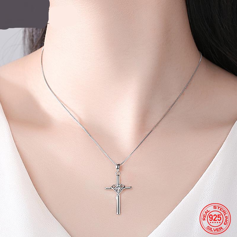 925 Sterling Silver Cross Blue Zircon Pendant Chain Necklace For Women Wedding Jewelry