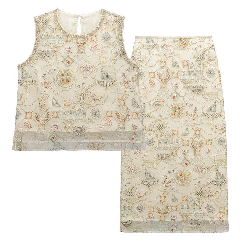 Summer High-end Heavy-duty Embroidery Bead Tube String Sheer Sheer New Chinese Style Sleeveless Vest Skirt Set P1196