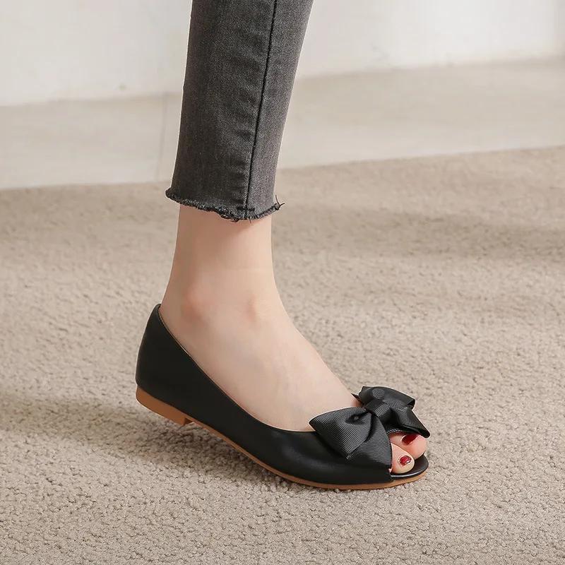 Summer New Women Shoes Leather Peep-toe Sandals Casual Bowknot Boat Shoes Fashion Slip-on Loafers