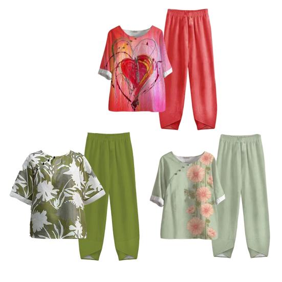 2 Stück/Set Bluse Hose Rundhals Halbarm Knopf Elastische Taille Lässig Täglich