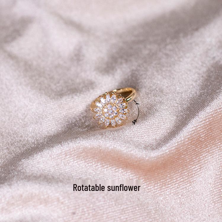 Sunflower Adjustable Rotating Ring with Temperament Micro-Paved Rhinestones in Zirconia