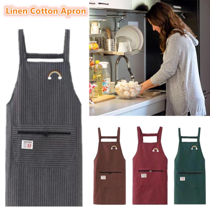 Kitchen Oil Resistant Apron Striped Zippered Linen-Cotton Apron With Straps Breathable Apron Women'S Dirt Resistant Work Clothes