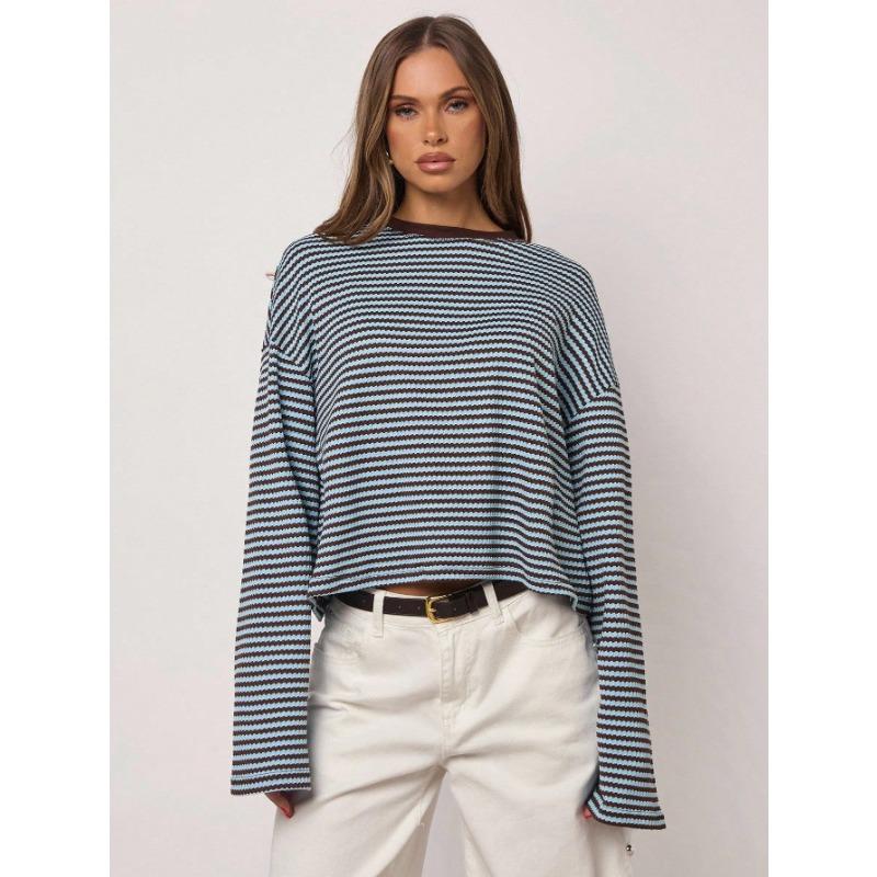 Womens Striped Knit Long Sleeve Loose T Shirt