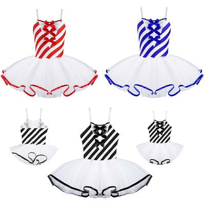 Children Girls Santa Xmas Costumes Stripes Mesh Tutu Dress for Skating Dancing Christmas Performace
