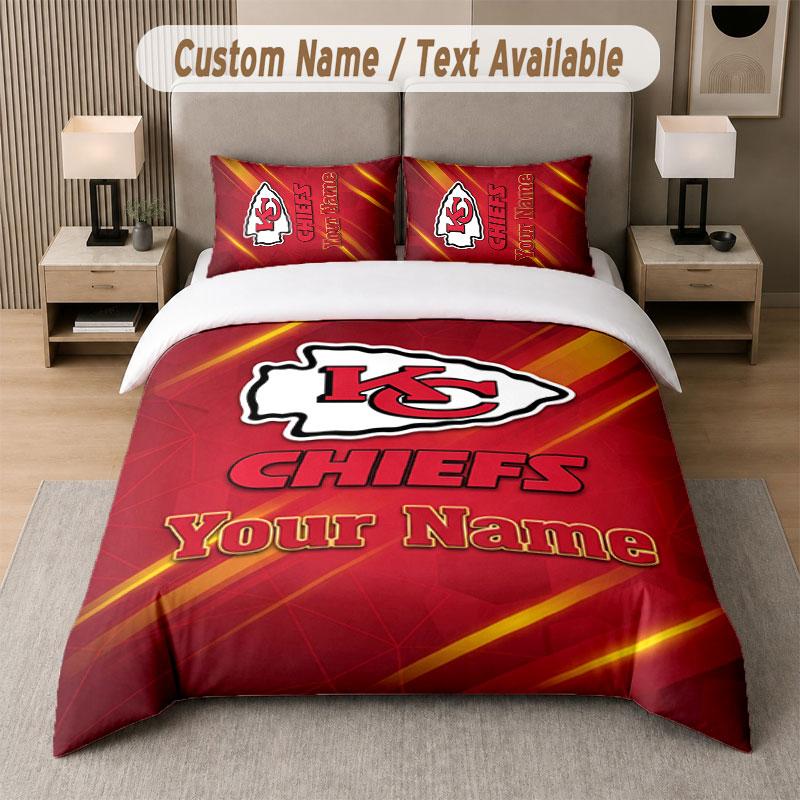 Custom Bedding Set Kansas City Chiefs Pattern, Print Name Text 1 Duvet Cover Plus 2 Pillowcases Home Textile
