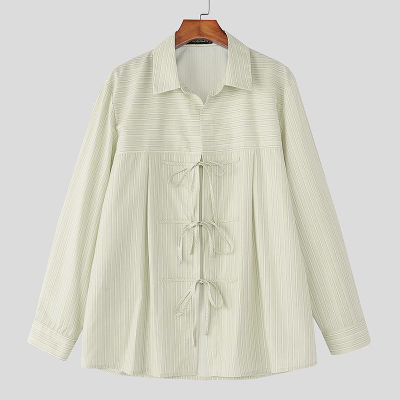 INCERUN Men Lapel Neck Long Sleeve Striped Print Bow Knot Casual Oversized Shirts