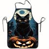 Vibrant Black Cat On Pumpkin Halloween-Themed Apron  Polyester, Perfect for Cooking, Baking, Gardening, and Household Chores