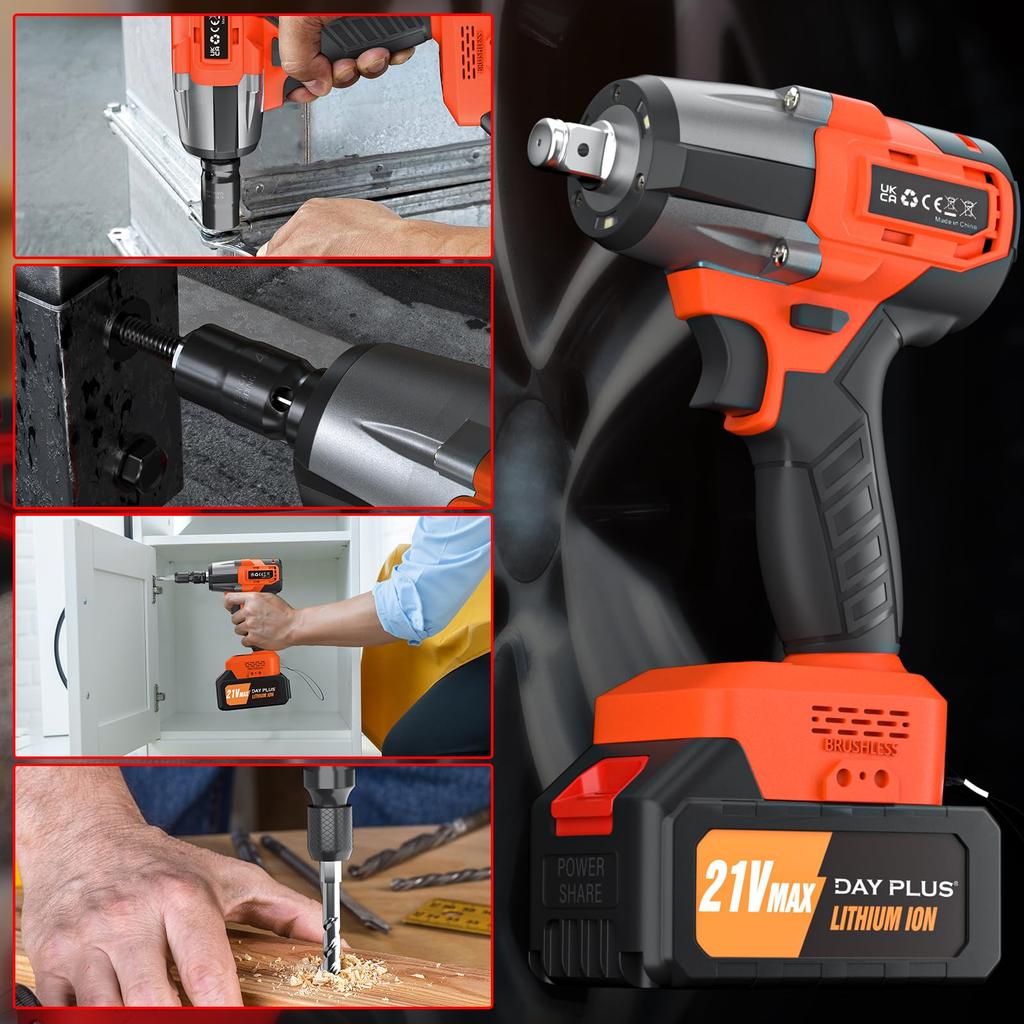 DayPlus Electric Impact Tire Brushless Powerful Impact of 550 3000 Two Makita LED Auto Variable Automatic Nut Bolt and Discharge Fastening Tool for