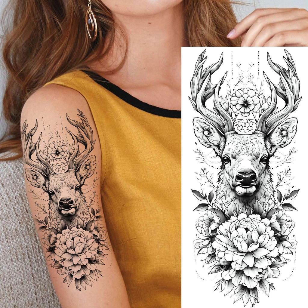 1 Sheet Sketch Flower Animals Temporary Tattoos For Women Long Lasting Waterproof Elephant Turtle Fake Tattoo Body Art Stickers
