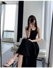 2024 Women's Black Spaghetti Strap Dress - French Style, Waist-Hugging, Hepburn Inspired, Square Neck, High Waist, Over-the-Knee Length