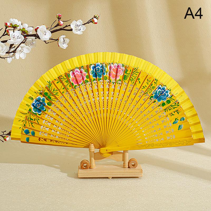 1Pc Chinese Style Double-Sided Folding Fan Hollow Double-sided Craft Gift Dancing Printing Wood Spanish Hand Fan Party Supplies