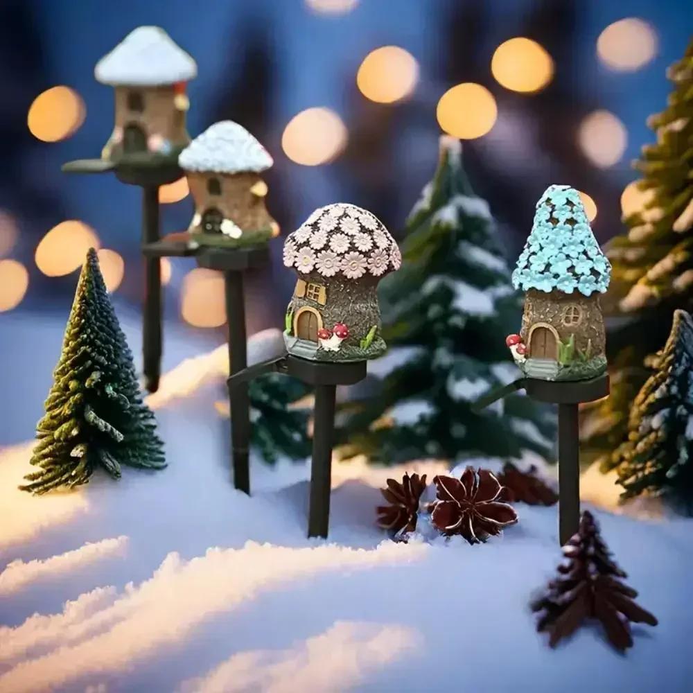 1pc Creative Solar Resin Mushroom House Light, Waterproof Small House Led Floor Plug Light For Outdoor Garden Lawn Decoration