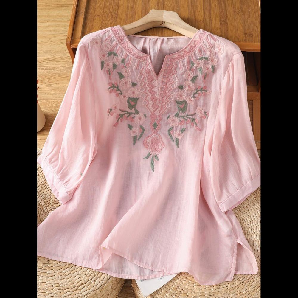 Women's V Neck Three Quarter Sleeve Loose Fit Cotton Linen Blouse Vintage Embroidered Pullover Top