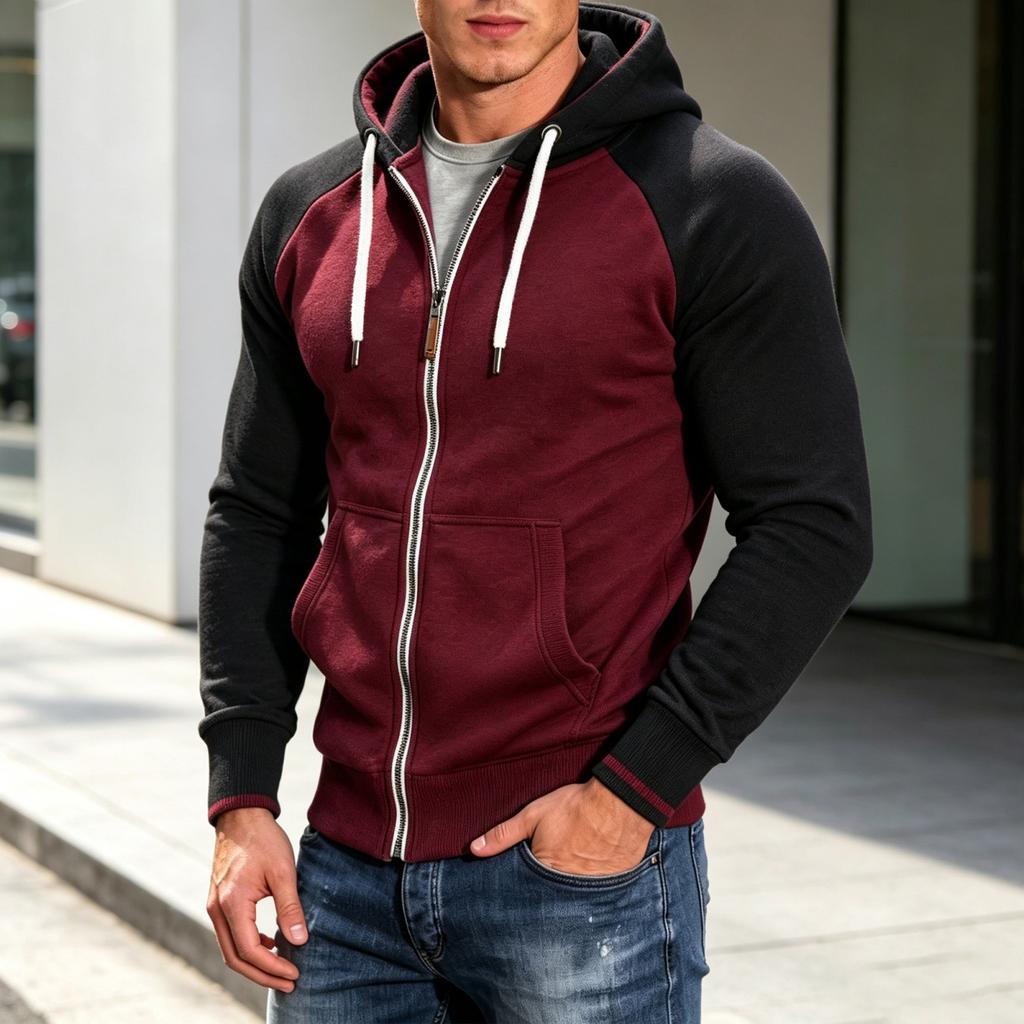 Men's Color Block Raglan Sleeve Zip Up Hoodie for Fitness and Casual Wear