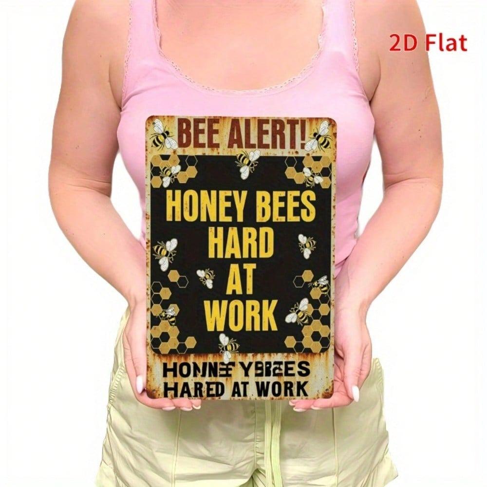 Vintage Metal Wall Art Bee Alert Rusty Iron Sign Honeycomb Decor 7.8x11.8 Inch