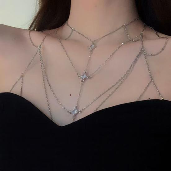 Cubic Zirconia Chest Chain Necklace Women Sexy Bikini Bra Chain Sparkling Body Chain Jewelry for Summer Beach