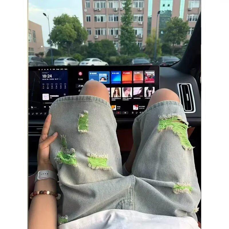 American Retro Ripped Denim Shorts Men's Summer Washed Old Pants Design Sense Casual Straight Five-point Pants
