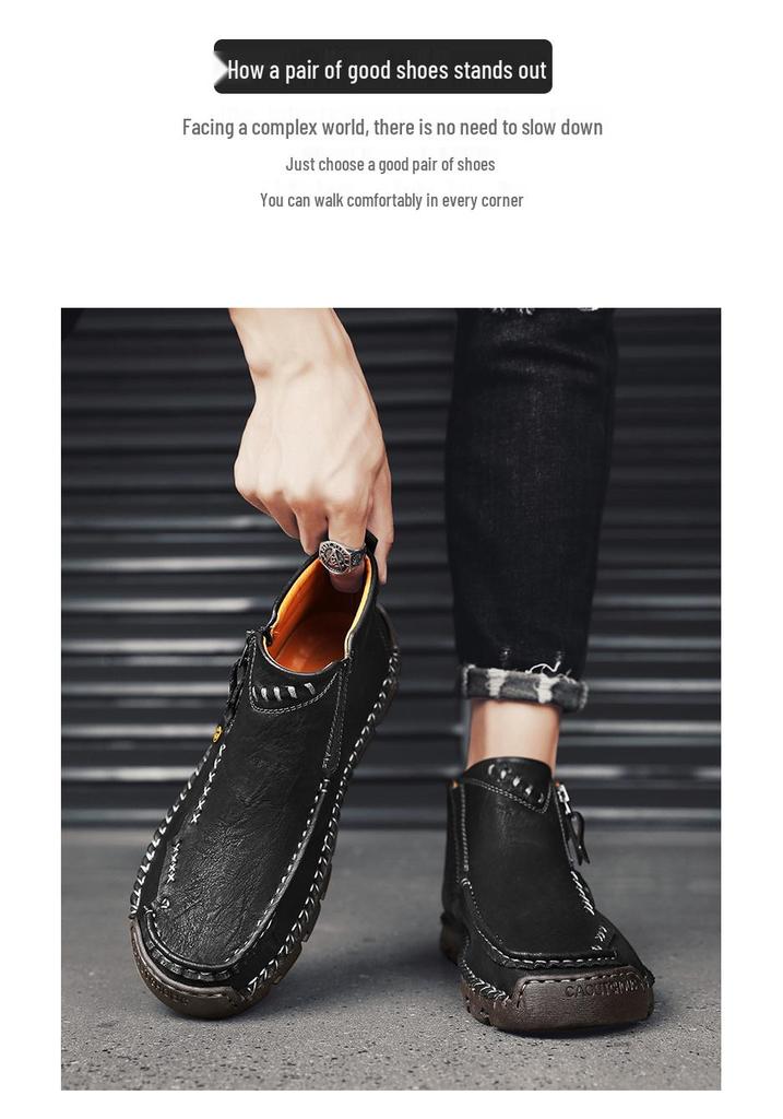 Men's Large Size Martin Boots - Casual Handmade Zipper Short Boots with Plus Velvet for Autumn and Winter