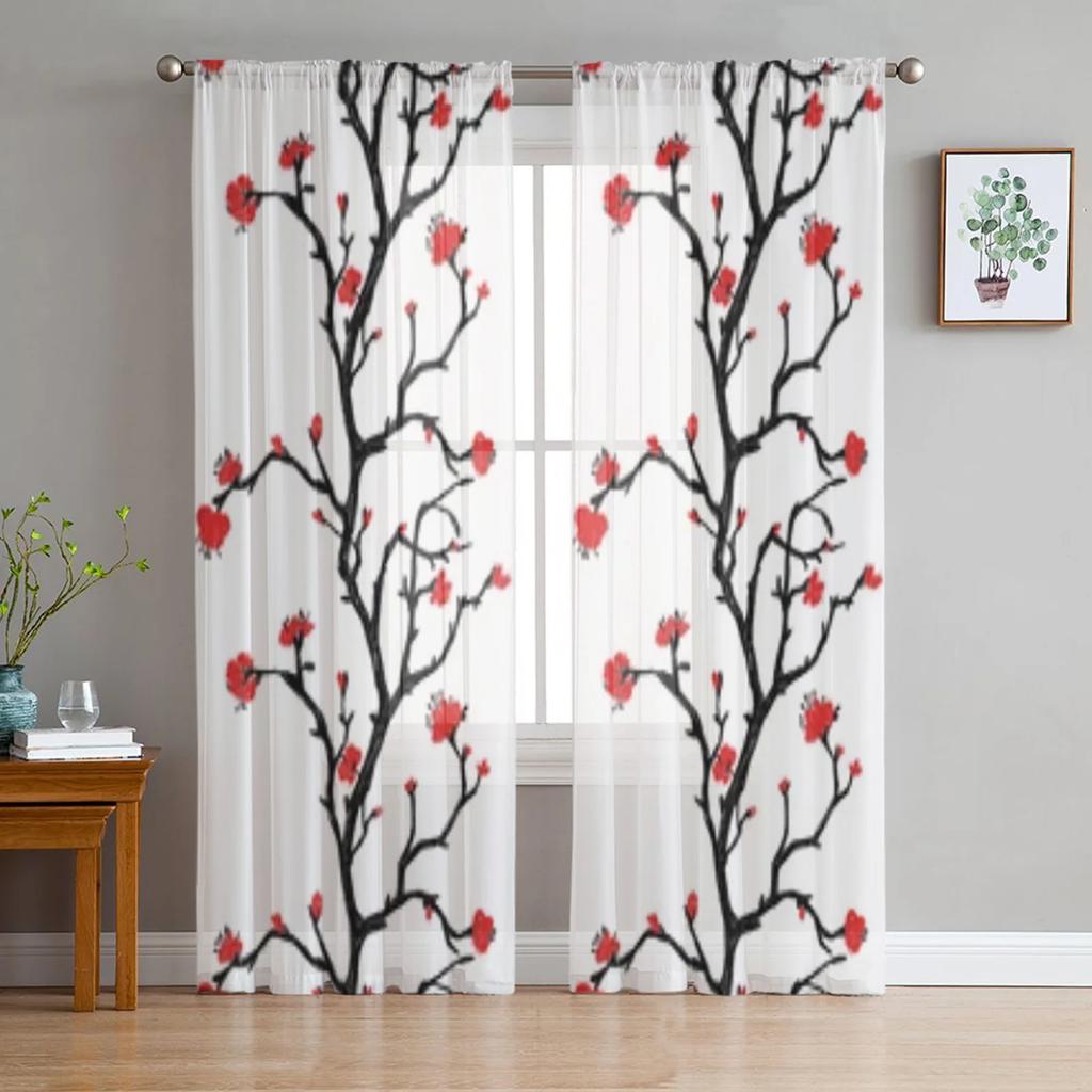 Spring Brown Background Peach Blossom Tulle Curtains Living Room Home Decor Window Curtain Kitchen Voile Sheer Made Of Polyester Sitting