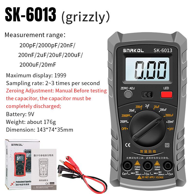 

SK-6013 Цифровий вимірювач ємності Професійний вимірювач ємності 20000 мкФ Тестер конденсаторів 1999 Лічильник Мультиметр для електриків