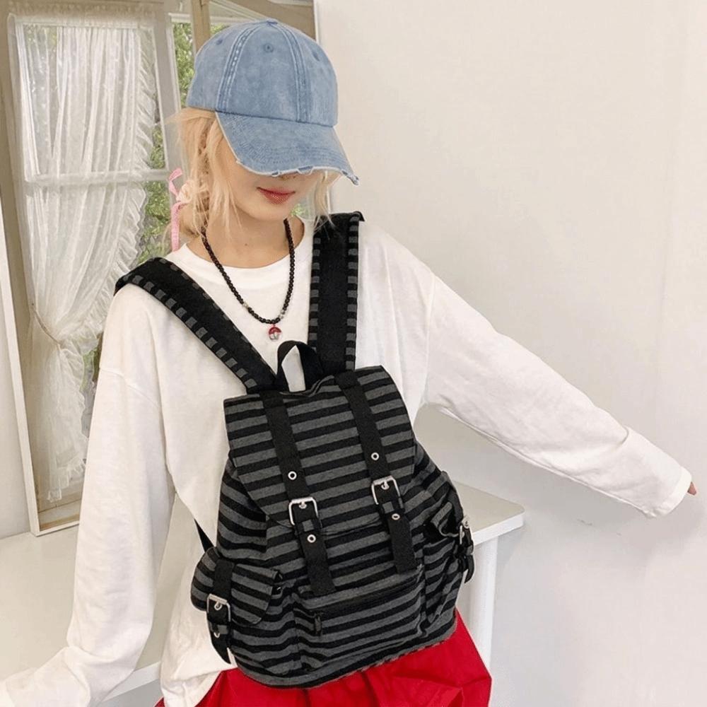 Y2K Students Schoolbag Korean Style Hiking Camping Bag Retro Striped Backpack Girl