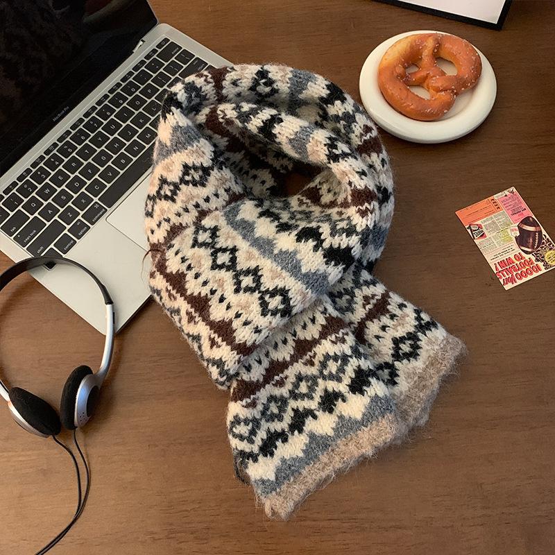 Fair Island Mohair Knitted Scarf Women's Winter Korean Atmosphere Retro Thickened Warm Wool Scarf