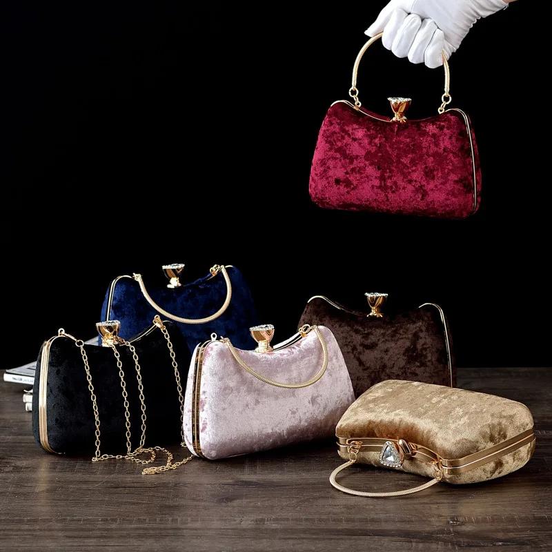 Wholesale Factory Directly Sale Womans Wedding Party Clutch Bags Elegant Small Gift Velvet Night Handbags Navy Blue Hand Bag Sac