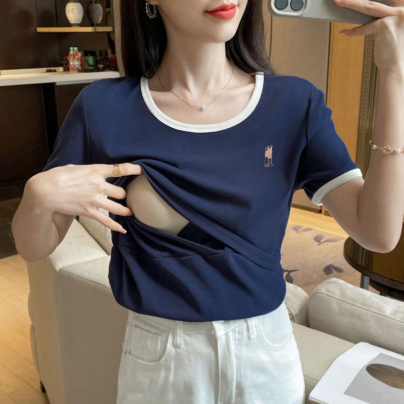 

Maternity Color Block Nursing T-shirt: Short Sleeve, Round Neck, Cotton Base Layer for Postpartum and Confinement Period. XL