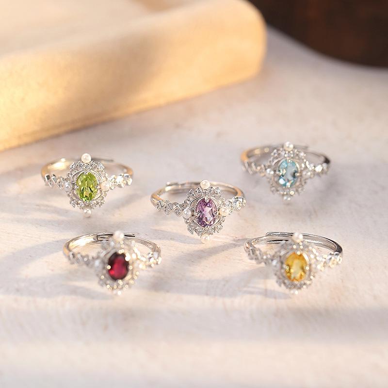 Light Luxury Natural Crystal Stone Bead Opening Ring S925 Sterling Silver Women's Temperament Versatile Snowflake Small Fresh Ring Fashion Gift