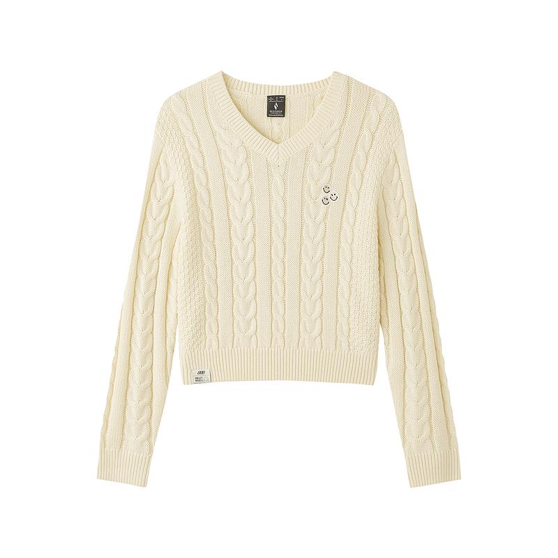 Skechers SmileyWorld V-Neck Casual Comfortable Pullover Sweater Women sweater Pearl-Beige L424W175-034H S