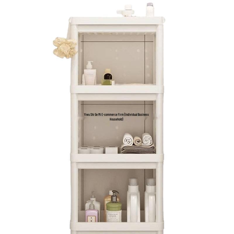 Vícepatrový koupelnový úložný vozík na kosmetiku a svačiny, stojící na podlaze