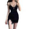 European and American Sexy Nightclub Hotties' Alluring Black Velvet Lace Strap Bodycon Mini Dress for Women