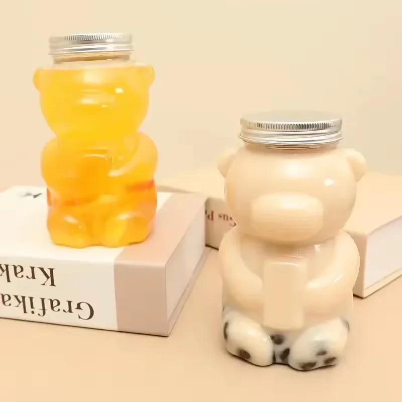 1-20PCS 500ml Cute Bear Milk Tea Bottle Disposable PET Transparent Juice Bottle Cartoon Bear Portable Juice Yogurt Bottle