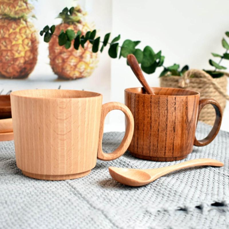 Wood Coffee Cups Elegant Handmade Wooden Mugs Eco-Friendly Wood Drinking Cup with Handle for Coffee Tea Water Juice Milk