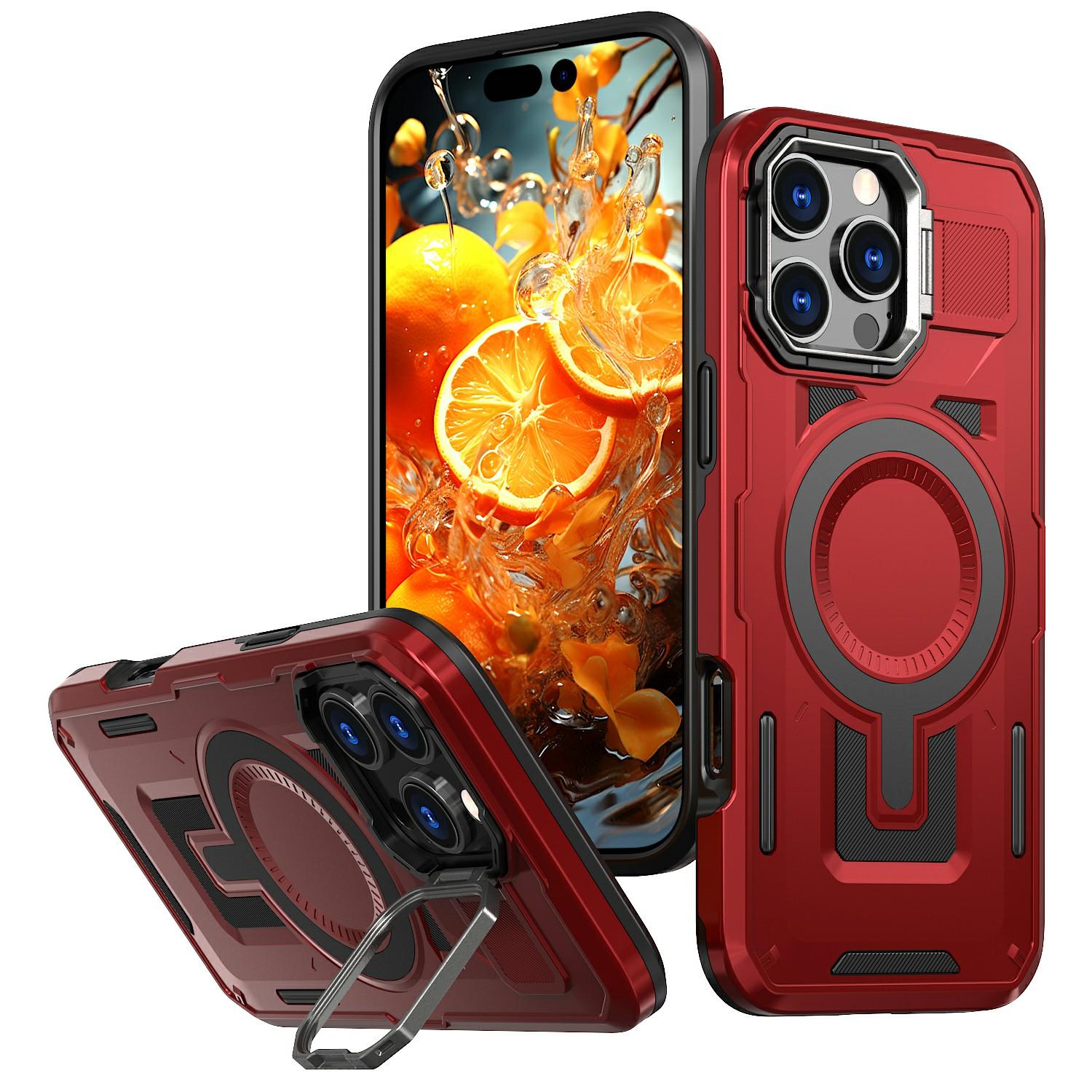 

For iPhone 16 Pro Max Case Compatible with MagSafe Lens Frame Kickstand PC+TPU Back Cover Red