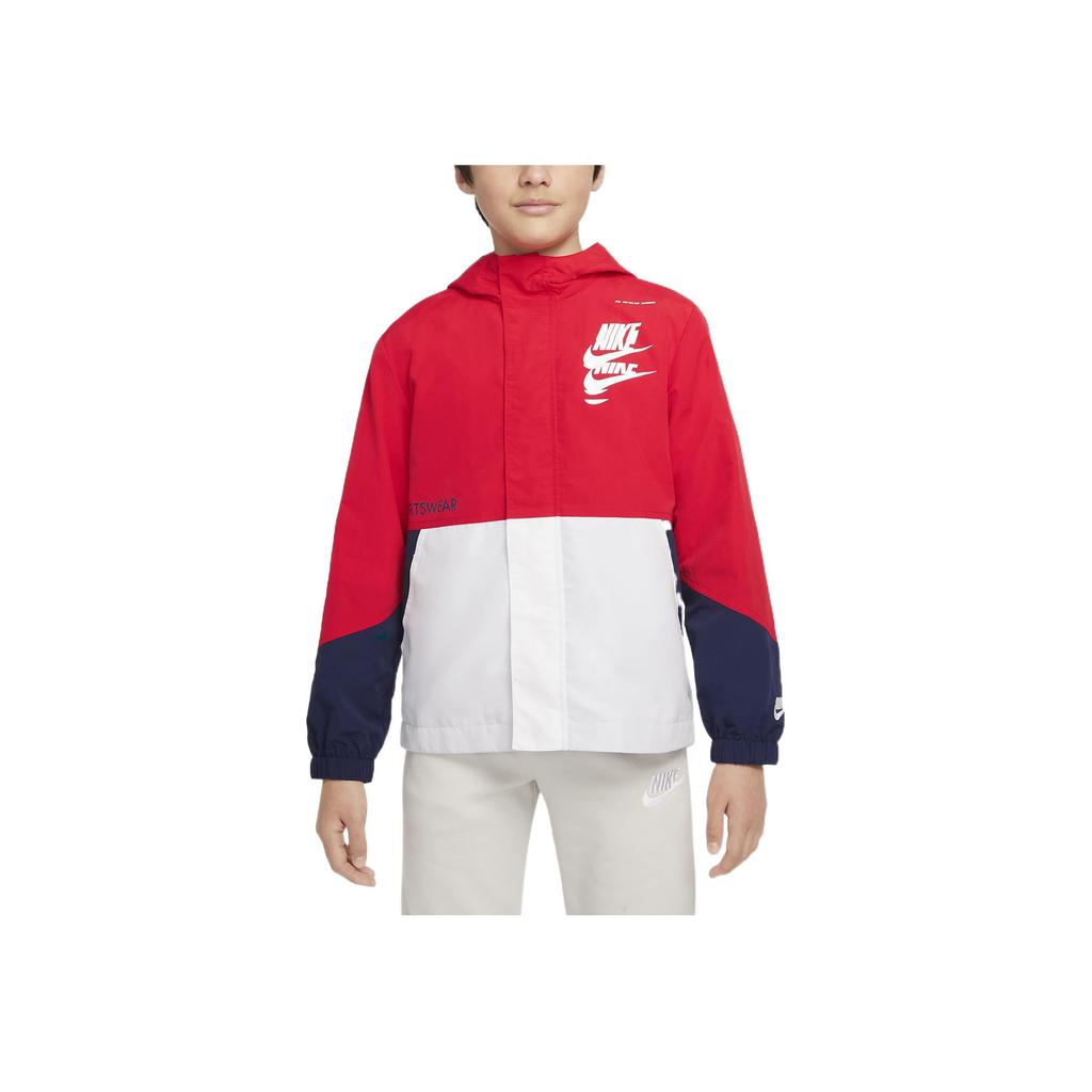 Nike Jacket Ss22 Full Length Zipper Color Block Hooded Coat Kids Jackets University-Red DZ7291-657