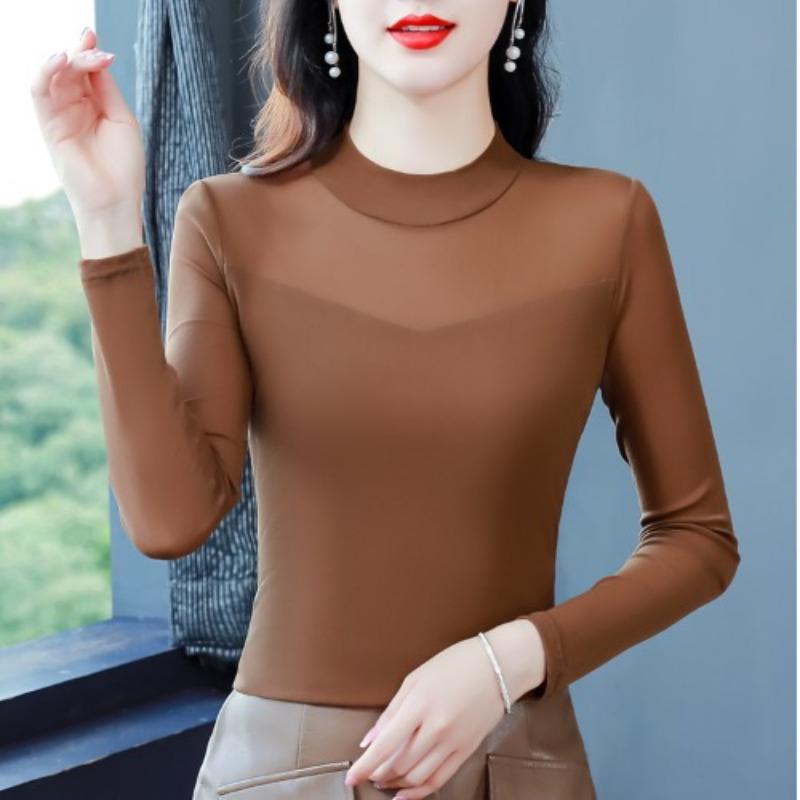 Damen Unterhemd Winter Neu Langarm T-Shirt Ausländisch Sexy Innen Stehkragen Schwarz Mesh Top