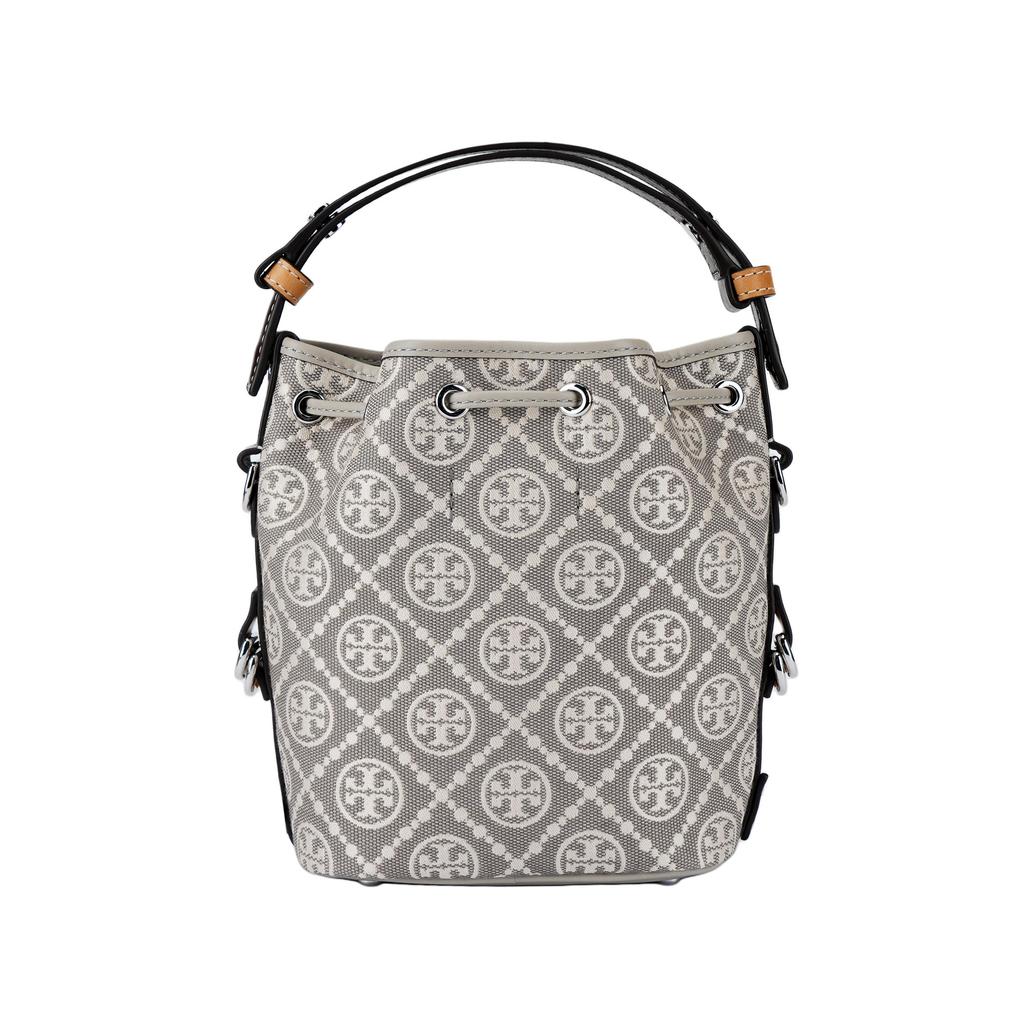 Tory Burch T Monogram Drawstring Closure Metal Double T Logo Bucket Bag Shoulder Crossbody Bag Fabric And Leather Tote Mini Women Bags Gray 178739-020