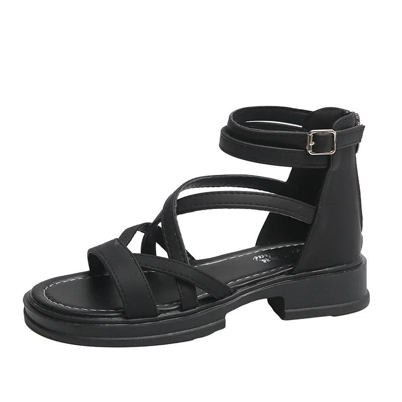 Fashion 2024 Sandals Black Shoes for Women Summer Heels All-Match New Beige Comfort Beach Low Fashion Girls Flat Gladiator Clear Lace