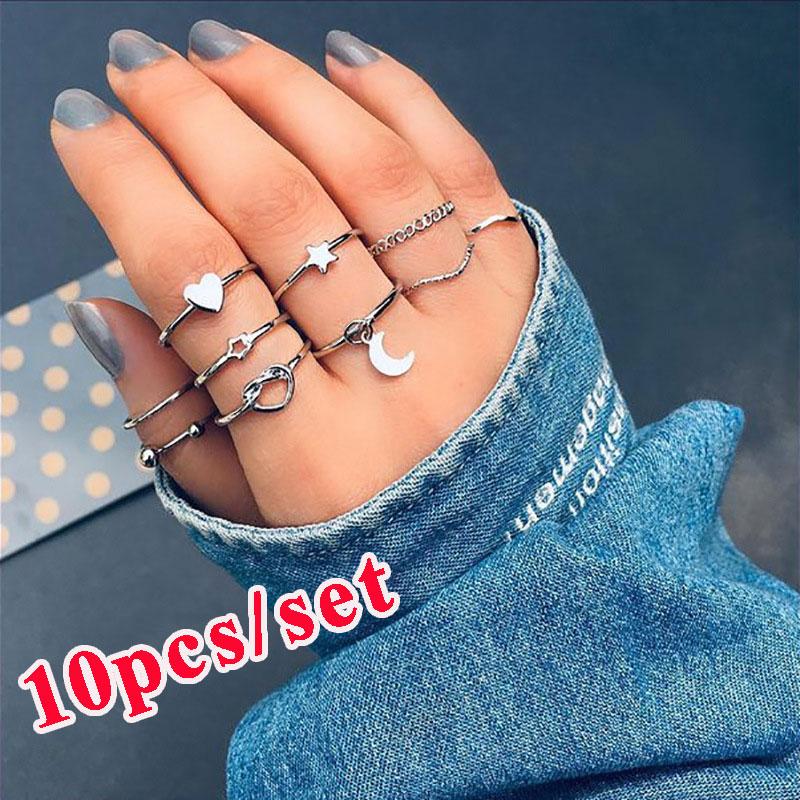 

10PCS Творческое простое сердце Луна Сустав Кольцо Набор Любовь Маленькие женщины Кункле Палец Кольцо Набор Ювелирные изделия Подарки